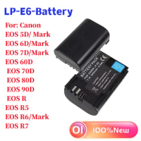 100%New 7.4v 2650mAh for Canon LP-E6 EOS6D 70D 60D 80D 5D3 5D2 5D4 90DEOS R EOS R5 EOS R6/Mark EOS R7 Camera Battery+charger