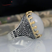 Women's Jewelry S925 Silver Ring High Profile Retro Moonlight Opal Ring 925 Double Color Gold Creative Carved Diamond Crown Ring