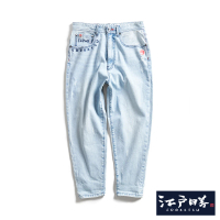 【EDWIN】江戶勝 男裝 浮世繪波紋裡布微破壞錐形牛仔褲(重漂藍)