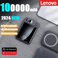 Lenovo 2024 New 100000mAh Wireless Power Bank Magnetic Qi Slim Portable Powerbank Type C Mini Fast Charger For iPhone Samsung
