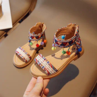 Size 23-35 2024 Summer New Kids Luxury Girls Sandals 4 for 9 Years Old Korean Fashion Ethnic Style Open-toe Flat Princess Shoes