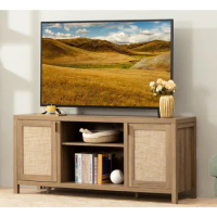 Rattan TV Console Cabinet with Storage and Shelf,59" Media Console for 55, 65 Inch TV, 26" Tall Wood Television Stands