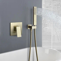Brass Wall Mounted Bathroom Shower Faucet Set Square Shower Head Mixer Taps Hand Shower Head Brush Gold in Wall Bathroom Faucets