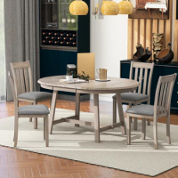 TREXM 5-Piece Wood Dining Table Set Round Extendable Dining Table with 4 Dining Chairs, Dining Room Table Set for 4 person