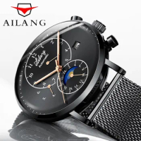 AILANG Brand New Fashion Moon Phase Mechanical Watch for Men Stainless Steel Mesh Strap 50m Waterproof Automatic Watches Mens
