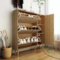 Natural Rattan Shoe Cabinet, Shoe Cabinet with 3 Flip Drawers and Storage Shelves, Modern 3-Tier Shoe Rack Storage Cabinet