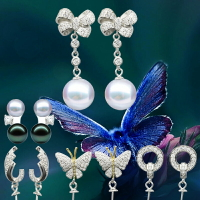 珍珠耳釘空托925銀自制耳環diy材料配件手工純銀耳飾新款蝴蝶雙珠