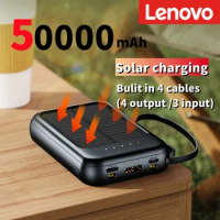 Lenovo 50000mAh Solar Power Bank Built Cables Solar Charger 2 USB Ports External Charger Power bank with LED Light For Xiaomi