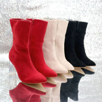 YKshoes 1697 heels 9cm angkle boots big chunky boots red cream black hak kaca clear jelly transparan