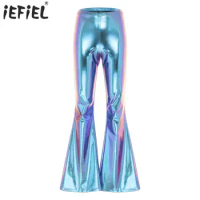Womens Glossy Disco Party Dancing Flare Pants Cosplay Costume Shiny Metallic Pants Elastic Waistband Bell Bottom Flared Trousers