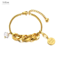 ViiEee Fashion Stainless Steel Good Luck Tag Charm Bracelets For Women Girl Bohemia Pearl Chain Link Bracelet Jewelry VB21097