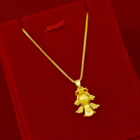 Pure 18K 999 Yellow Gold Pendants Necklace for Women Christmas Gifts with Wings Girls Luxury Jewelry Designers