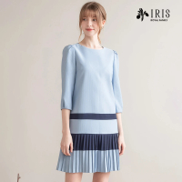 【IRIS 艾莉詩】冰河藍拼接壓褶洋裝(36685)