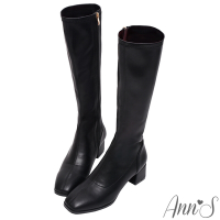 Ann’S有彈性的全素面粗跟及膝長靴5cm-黑