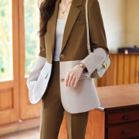 Tesco Senior Women's Suit 2 Piece Color Match Pantsuits Patchwork Formal Female Clothing For Work Interview blazer mujer