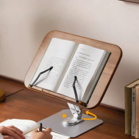 Reading stand with 360 degree rotation, student solid wood desktop bookshelf, wooden tablet reading rack, book clip, computer iP