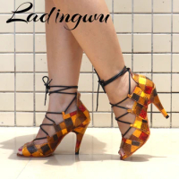 Ladingwu Latin Dance Shoes Roman Boots Dance Soft Bottom For Women Girls Ballroom Dance Shoes Characteristic Plaid Style PU