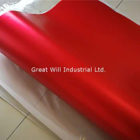 Low Initial Tack Adhesive Red Satin Chrome Vinyl Wrap Film Air Free High Stretch Red Matte Chrome Vinyl Car Wrap 1.52x20m/Roll