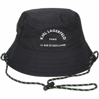 KARL LAGERFELD 卡爾 雙面用可拆掛繩字母尼龍漁夫帽(黑x螢光綠)