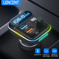 LENCENT FM Transmitter Wireless Bluetooth 5.0 Radio Car Kit with Type-C PD + QC3.0 Fast USB Charger Mp3 Player Receiver Hi Fi