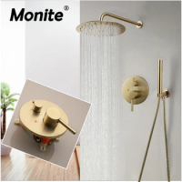 Monited 10 Inch Brushed Gold Bathroom Shower Faucet Set Rainfall Round Shower Head Wall Mounted Mixer Shower Set W/ Hand Shower