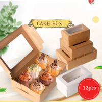 12PCS White Kraft Paper Color Bakery Cookie Cake Pies Boxes with Windows Package Decorative Box for Food Gifts Box Packaging Bag