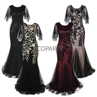 Women 1920s Great Gatsby Dress Long 20s Flapper Dress Vintage Round Neck Sequins Beads Maxi Party Mesh Prom Gown Elegant Dress