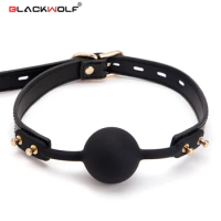 BLACKWOLF Full Silicone Ball Gag Bondage Open Mouth Gags Buckled Leather Strap Oral Fixation Sex Toy For Couples Adult BDSM Game