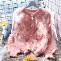 Small Fragrance Y2k Sweaters O Neck Long Sleeve Downy Solid Color Loose Cardigan Autumn Winter Sweet All Match Women's Clothing