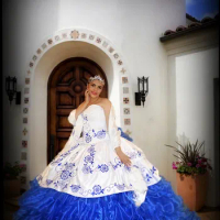 Mexican Embroidered Quinceanera Dress Sleeveless Sweetheart Neckline Detachable Royal Blue Organza Skirt Long Formal Party Gown