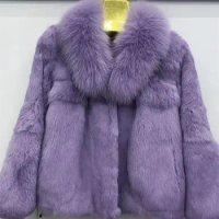 Fashion Real Rabbit Fur Coat For Women Whole Leather Thickened Fur Coat Loose Raccoon Fur Collar Short Fur Jacket Y3106