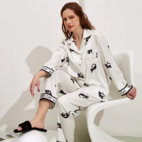Women's Spring Autumn Pajama Set Cartoon Cat Print Ladies Sleepwear 2 Pcs with Pant Silk Like Long Sleeve Pjamas for Women