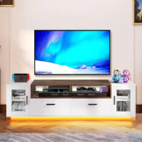 LED TV Stand for TV Up to 75" Entertainment Center W/Outlets &amp; USB Ports Media Console Cabinet W/Storage White Furniture Table