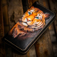 Handmade Genuine Leather Wallets Carving Tiger Bag Colour Zipper Purses Men Long Clutch Vegetable Tanned Leather Wallet Gift