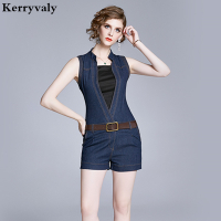 ฤดูร้อน V คอ Slim สั้น Denim Jumpsuit ผู้หญิง Romper 2021แฟชั่น Light Blue กางเกงยีนส์ Bodycon บอดี้สูท Overalls Streetwear K2014