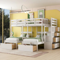 Full Over Twin &amp; Twin Bunk Bed, Wood Triple Bunk Bed with Drawers and Guardrails (White)