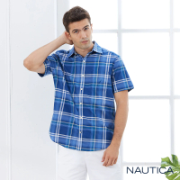 【NAUTICA】男裝撞色粗細條紋文青短袖襯衫(藍)