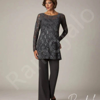 Gray Mother of The Bride Groom Dresses for Wedding Sequin Lace Top Long Sleeves Pantsuits Kurti Women Vestido Madrinha Farsali