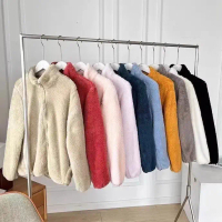 Autumn Winter Long Fleece Polar Fleece Jacket Stand Collar Warm Jacket Zipper Cardigan 428330