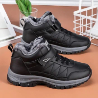 Winter Men Boots Leather Waterproof Outdoor Non-slip Hiking Shoes Unisex Men Women Warm Plush Ankle Boot Big Size 47 48