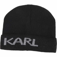 KARL LAGERFELD 品牌字母反褶針織羊毛帽(黑色)