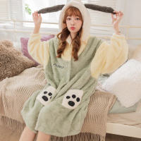 【Annita】可愛小狗法蘭絨珊瑚絨保暖睡袍居家服(情侶款睡袍/酒店式浴袍睡袍/保暖居家服/長袖/中大尺碼)