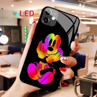 mickey minnie Luminous Tempered Glass phone case For Apple iphone 12 11 Pro Max XS mini Kawaii Protect LED Backlight new cover