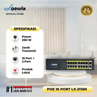 LOEWIX PoE Switch CCTV 16 Port + 2 Port Gigabit Jarak Jauh – Sakelar Power over Ethernet Metal Casin