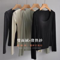 【Line-up wears】日本MIYABI纖維 暖感雙面絨發熱圓領罩杯上衣(保暖罩杯背心 保暖打底)
