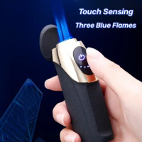 Jobon Gas Electric Integrated Lighter Metal Outdoor Windproof Three Blue Flame Spray Gun Touch Sensing Cigar Lighter Igniter