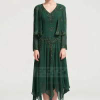 Green Long Sleeves Appliqued Short 2 Piece Mother Of Bride Dresses 2019 farsali Lace Beaded Evening dress Prom gown Plus Size