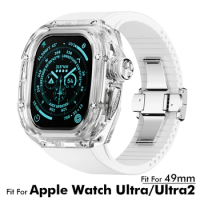 For Apple Watch Ultra 2 49mm K9 Crystal Transparent Case Fluororubber Rubber Strap Conversion Protect iwatch white band