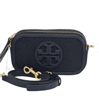 【TORY BURCH】TB T Monogram 老花織布雙層拉鏈包迷你相機包(黑色/贈原廠防塵袋紙袋/母親節送禮)