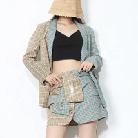 Tesco Plaid Women Skirt Sets Blazer With Belt+Skirt 2 Piece For Office Lady Trendy Slim Dress Spring Female Contrast Blazer Suit